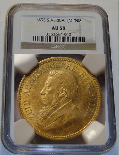1895 Paul Kruger ZAR GOLD HALF POND: NGC graded AU58
