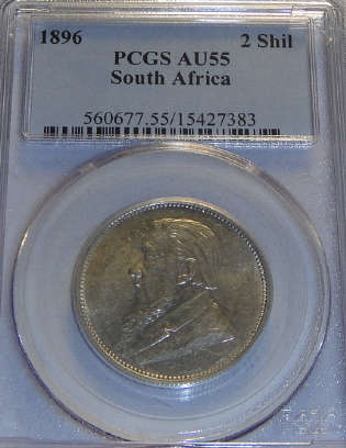 1896 Paul Kruger ZAR Two-Shillings (2/-) : PCGS graded AU55