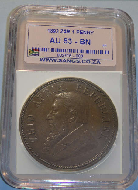 1893 Penny (1d) Paul Kruger ZAR: Sangs graded AU 53 BN (RARE 1893 date)