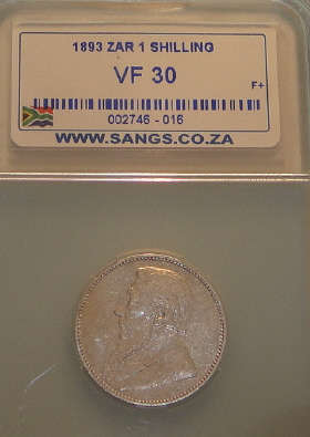 1893 Shilling (1/-) : Paul Kruger ZAR : Sangs graded VF30 (RARE date 1893)