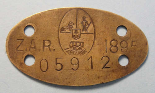 ZAR Copper or Brass Fitting Badge dated 1895 and numbered 05912