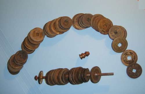 Over 70 Ancient & Old Chinese Cash Coins as found on Metal Storage Rod