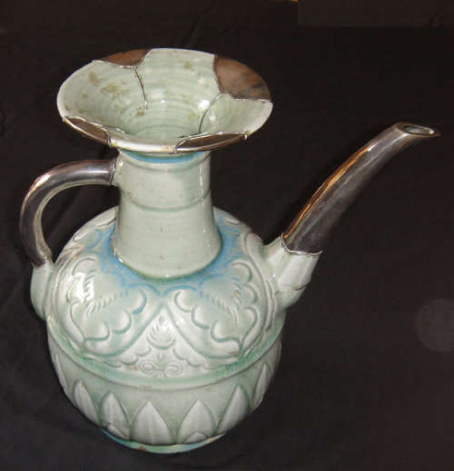 Huge Green Teapot  from Thailand (circa 1930s) with STERLING SILVER mending