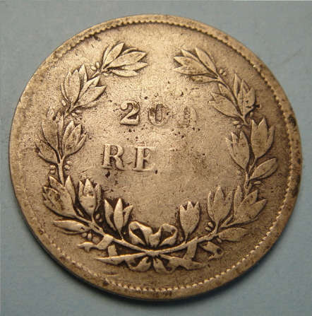 Portugal :  Silver Shilling-sized 200 Reis of King Petrus V of 1854