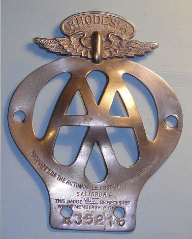 AA chromed Metal Automobile Association Badge : Salisbury, Rhodesia