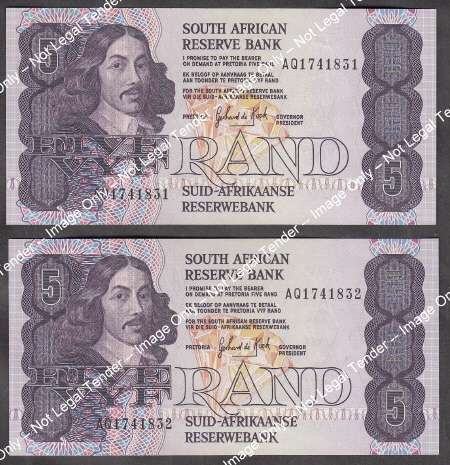 Republic of South Africa : Two Consecutive R5 notes of 1989