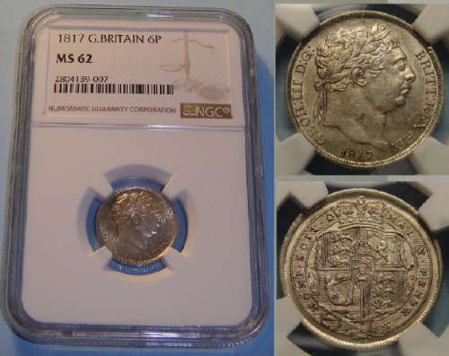 Great Britain : King George III Sixpence of 1817 : NGC Graded MS62 (MINT STATE)