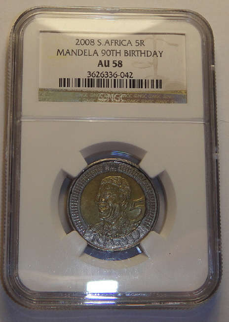 Republic of South Africa: Nelson Mandela 90th Birthday R5 of 2008 : NGC graded AU58