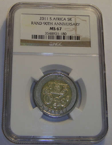 South African Reserve Bank 90th Birthday R5 of 2011 : NGC Graded MS67
