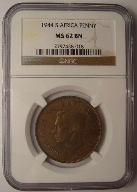Union of South Africa : One Penny (1d) 1944 : NGC Graded MS62 BN