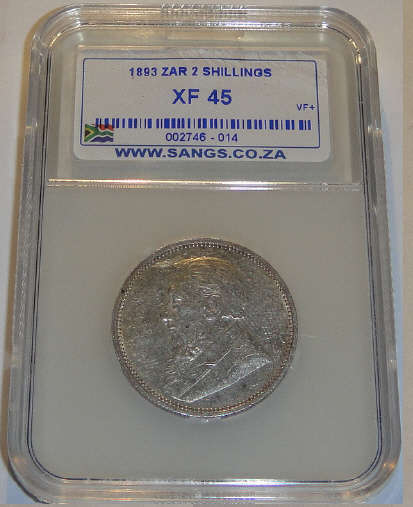 1893 Two-Shilling (2/-) Paul Kruger ZAR: Sangs graded XF45 (RARE 1893 date)