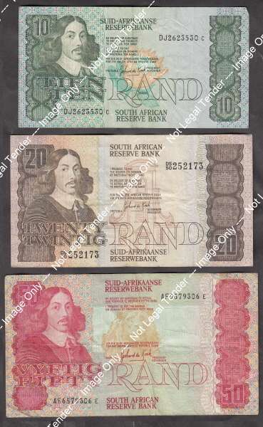 Republic of South Africa : The three highest denomination Jan van Riebeeck bank notes of the 1980s