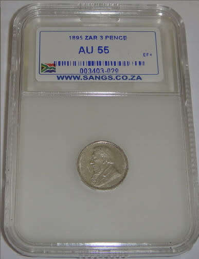 Paul Kruger ZAR: Three Pence (3d) of 1896 : Sangs graded AU55