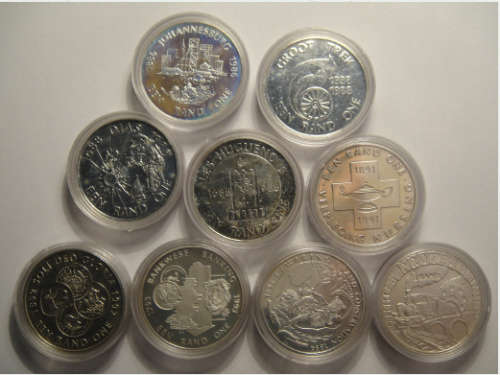 Republic of South Africa: Nine COMMEMORATIVE SILVER R1 coins (bid per coin to take all 9)