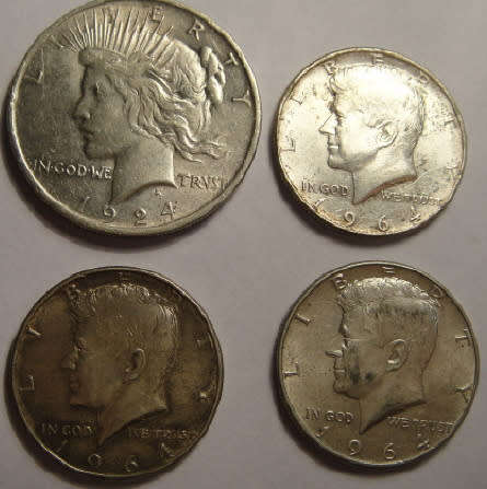 United States of America : 3 x Kenny Half Dollars of 1964 and Peace Dollar of 1924