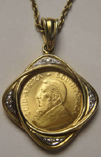 One Tenth GOLD Krugerrand of 1991 set in Gold Pendant with Gold Chain