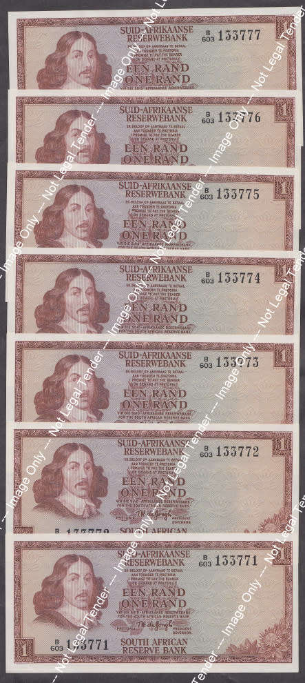 Republic of South Africa : TW de Jongh R1 set of 1975 (Seven Consecutive Notes)