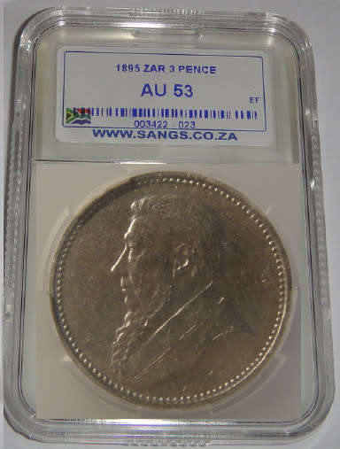 Paul Kruger ZAR : Three Pence (3d) of 1895 : Sangs graded AU53