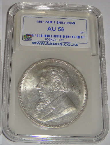 Paul Kruger ZAR : 2-Shillings (2/-) of 1897 : Sangs graded AU55