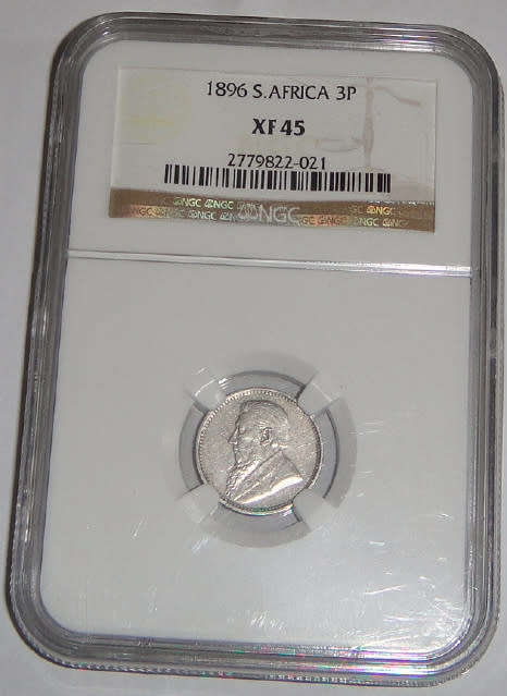 Paul Kruger Z.A.R. Silver Tickey (3d) of 1896 : NGC graded XF45