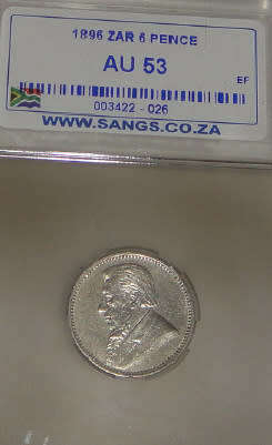 Paul Kruger ZAR : Six Pence (6d) of 1896 : Sangs graded AU53