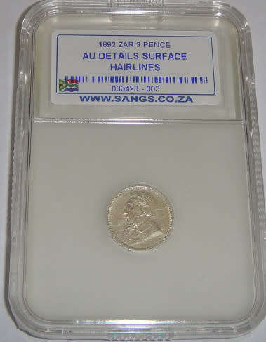 Paul Kruger ZAR : Three Pence (3d) of 1892 : Sangs graded AU details