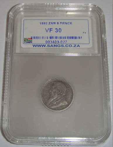Paul Kruger Z.A.R. Sixpence (6d) of 1892 : Sangs graded VF30