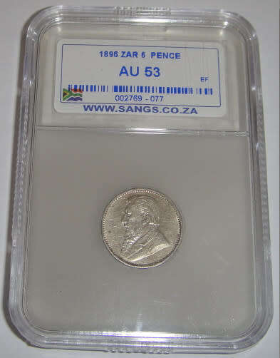 Paul Kruger Z.A.R. Sixpence (6d) of 1896 : Sangs graded AU53