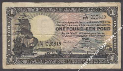 Union of South Africa: One Pound // Een Pond dated 11 April 1944