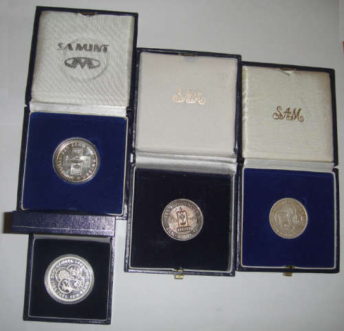 Republic of South Africa: Four boxed SILVER Commemorative R1 coins