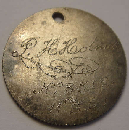 First World War Trench Art: Silver Sixpence inscribed by PH Holmes (No. 8512) 11 SA Infantry