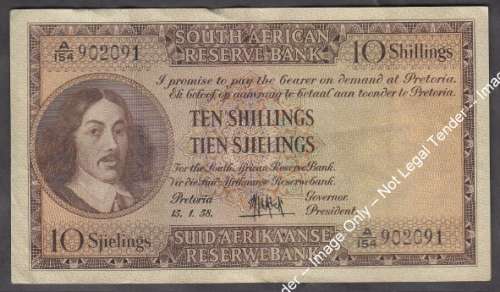 Union of South Africa Bank Note : Ten Shillings // Tien Sjiellings : 15 January 1956