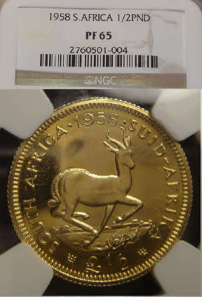 Union of South Africa : GOLD HALF POUND of 1958 : NGC graded PF65