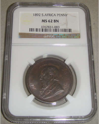 Paul Kruger ZAR : Penny (1d) of 1892 : NGC graded MS62 BN