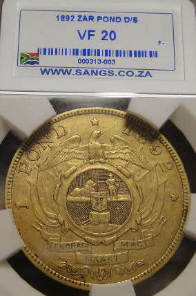 Paul Kruger ZAR : GOLD POND of 1892 (Double Shaft) : Sangs graded VF20