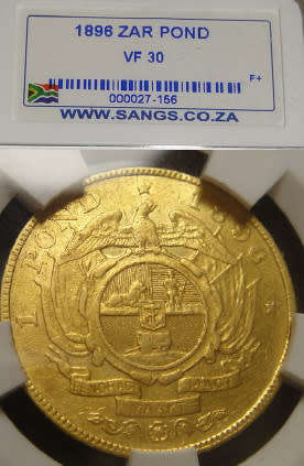 Paul Kruger ZAR : GOLD POND of 1896 : Sangs graded VF30