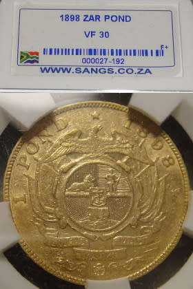 Paul Kruger ZAR : GOLD POND of 1898 : Sangs graded VF30