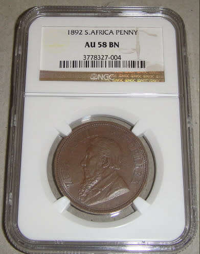Paul Kruger ZAR : Penny (1d) of 1892 : NGC graded AU58 BN