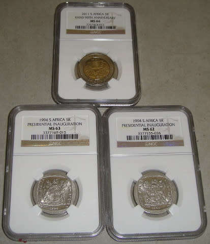 2 x 1994 Presidential Inauguration R5 coins (NGC MS62 & MS63) and 2011 R5 MS66
