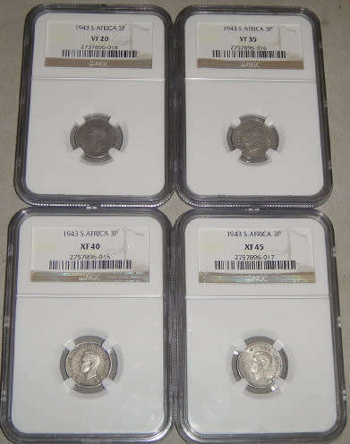 Union of South Africa : Three Pence (Tickey) of 1943 : NGC 4 grades (VF20, VF35, XF40 & XF45)