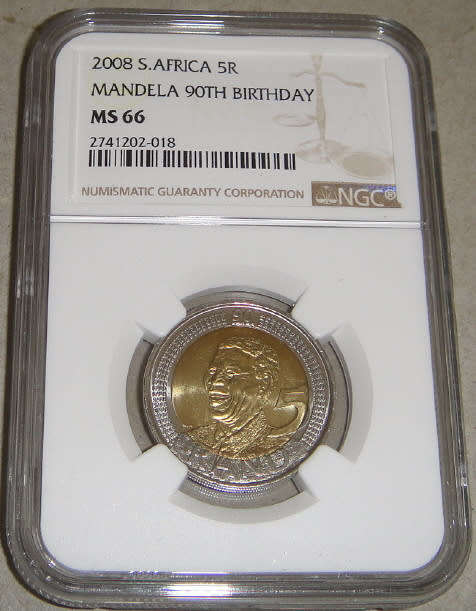 Republic of South Africa : Nelson Mandela 90th Birthday R5 of 2008 : NGC graded MS66