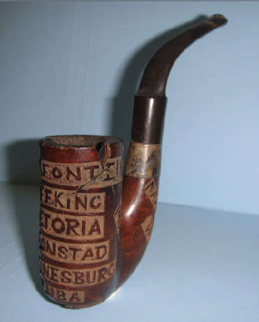 Anglo Boer War : Wooden Pipe engraved with Place Names and Dates 1899-1900-1901