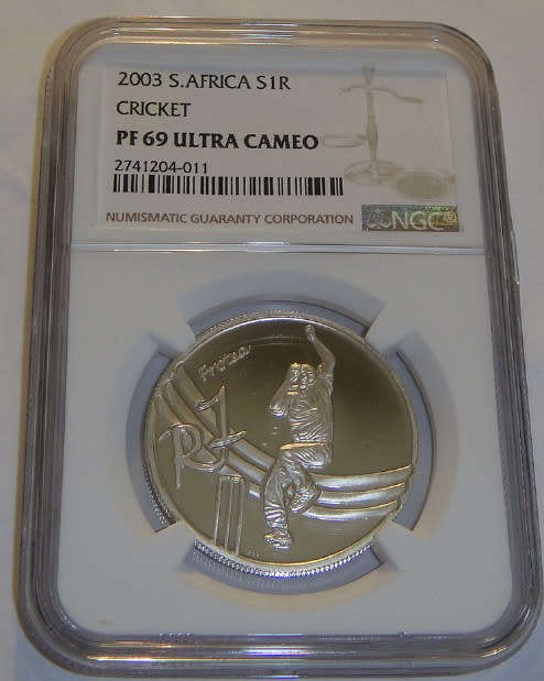 Republic of South Africa : Silver R1 Protea of 2003 (Cricket) : NGC graded PF69 Ultra Cameo
