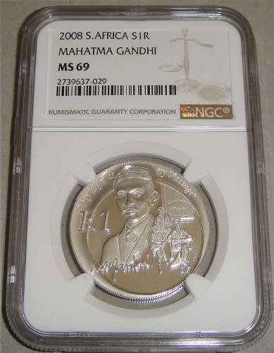 Republic of South Africa: Silver R1 Protea of 2008 (Mahatma Gandhi): NGC graded MS69