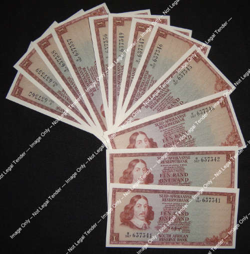 Republic of South Africa : Twelve uncirculated B-series R1 notes of 1975