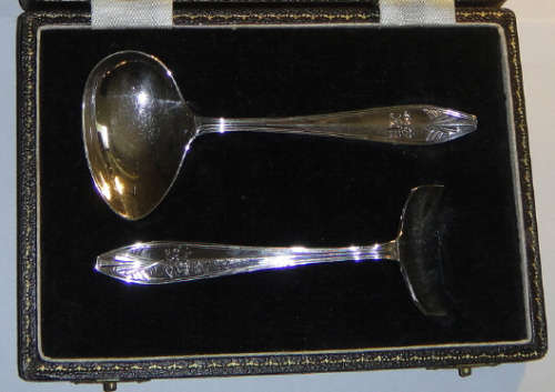 Boxed Art Deco Silver Christening Set, Baby Spoon & Pusher, Sheffield 1935, Angora