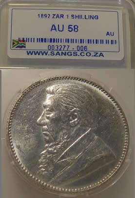Paul Kruger ZAR Shilling (1/-) of 1892: Sangs graded AU58