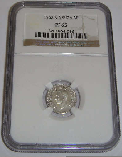Union of South Africa : Three Pence (3d) of 1952 : NGC graded PF65