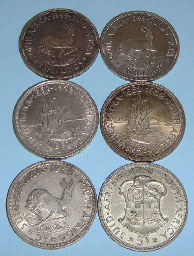 Union of South Africa: Six Silver Crowns (5-shilling pieces): One Bid takes all 6