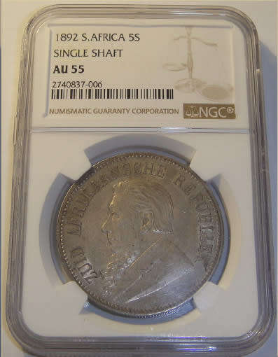 Paul Kruger ZAR : Five Shillings (5/-) of 1892 (Single Shaft): NGC graded AU55